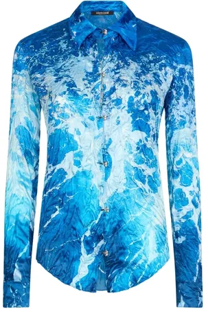 Roberto Cavalli Bluser & Skjorter, Dame, Blå, XS, Silke Gradient Print Skjorte Langærmet