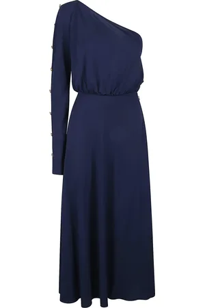 Elisabetta Franchi Kjole, Dame, Blå, XS, Uld, Elegant Midi Kjole med Én Skulder