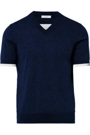Paolo Pecora Strik, Dame, Blå, 2XL, Bomuld, Grå Melange V-Hals Sweater