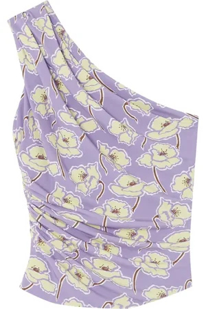 VERSACE Top, Dame, Lilla, S, Uld, Lilla Blomstret One-Shoulder Top