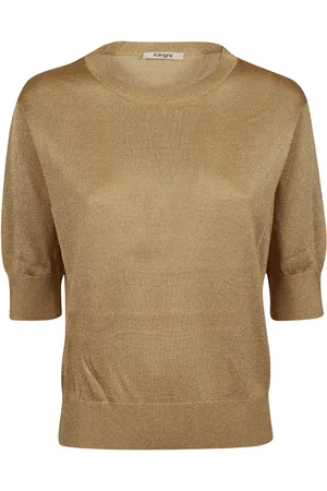 KANGRA CASHMERE Strik, Dame, Gul, L, Uld, Guld viskose trekvartærmet top
