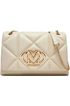 Moschino Taske, Dame, Hvid, ONE SIZE, Uld, Beige Skuldertaske med Guld Logo Bogstaver