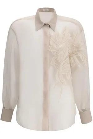 Brunello Cucinelli Bluser & Skjorter, Dame, , S, Silkeskjorte med broderet bladdetalje