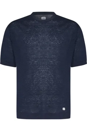 C.P. Company Top, Herre, Blå, XL, Linned, Blå Linned Logo Patch T-Shirt