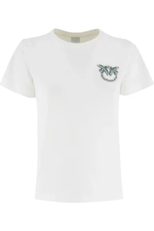 Pinko Top, Dame, Hvid, M, Bomuld, Kærlighedsfugle Broderet Bomuld T-shirt