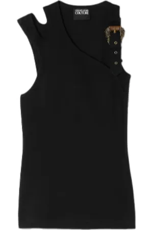 VERSACE Top, Dame, Sort, S, Ribbet tanktop med barokspænde