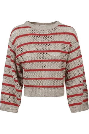 Brunello Cucinelli Strik, Dame, Brun, M, Uld, Taupe Crew Neck Sweater med Striber