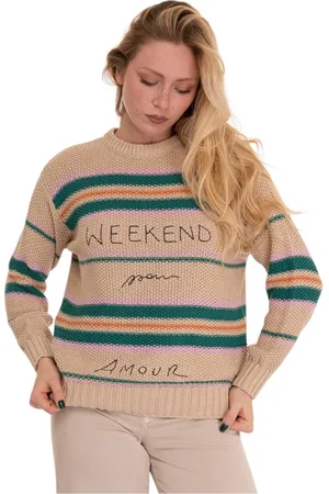 Max Mara Strik, Dame, Flerfarvet, L, Bomuld, Stribet rundhalset pullover med print