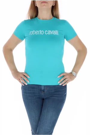 Roberto Cavalli Top, Dame, Blå, L, Bomuld, Blåt Trykt T-Shirt til Kvinder