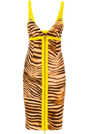 Roberto Cavalli Kjole, Dame, Flerfarvet, S, Beige Animal Print Midi Kjole