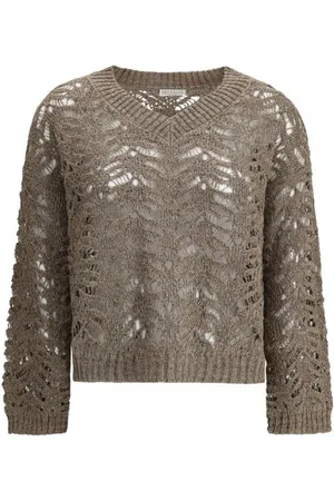 Brunello Cucinelli Strik, Dame, Brun, L, Linned, Pailletdetaljer Linned V-Hals Sweater