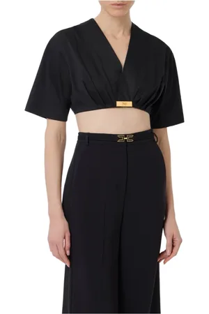 Elisabetta Franchi Bluser & Skjorter, Dame, Sort, XL, Bomuld, Kort Sort Bomuld V-Hals Skjorte