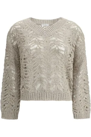 Brunello Cucinelli Strik, Dame, , L, Linned, Sequin Appliqué V-Neck Linned Sweater
