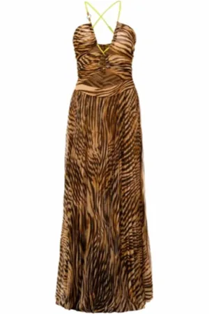 Roberto Cavalli Kjole, Dame, Flerfarvet, XS, Dyretrykt Lang Kjole - Sensuel V-Hals