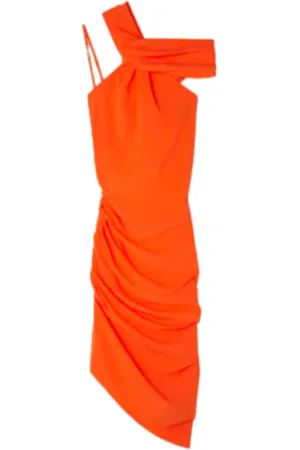 VERSACE Kjole, Dame, , XS, Linned, Asymmetrisk Linned Midi Kjole med Rynkede Detaljer