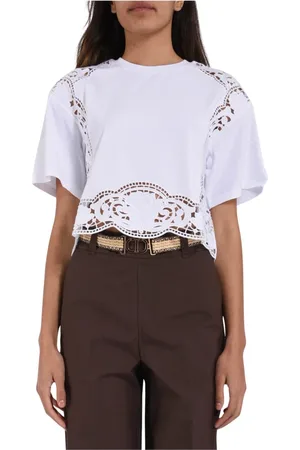 Twin-Set Top, Dame, Hvid, XS, Bomuld, Bomuld Jersey T-shirt med Sangallo Broderi