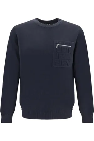 Fendi Strik, Herre, Blå, M, Uld, Præget Logo Crew Neck Sweater
