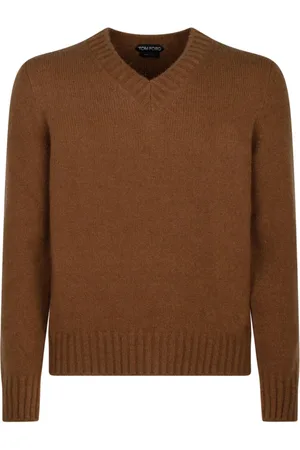 Tom Ford Strik, Herre, Brun, M, Cashmere, Karamel V Neck Cashmere Jumper