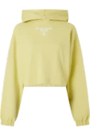 Calvin Klein Sweathshirts & Hoodies, Dame, Grøn, 2XS, Samlet Hem Cropped Hoodie Hvid Logo