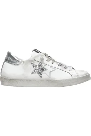 2STAR Sko, Dame, Hvid, 35 EU, Læder, Glitter Sølv Hvid Læder Sneakers
