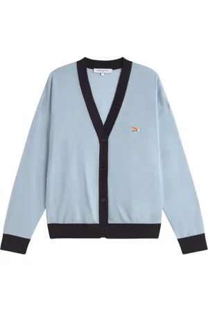 Maison Kitsuné Strik, Dame, Blå, S, Uld, Bi-Farvet Baby Ræv Komfort Cardigan
