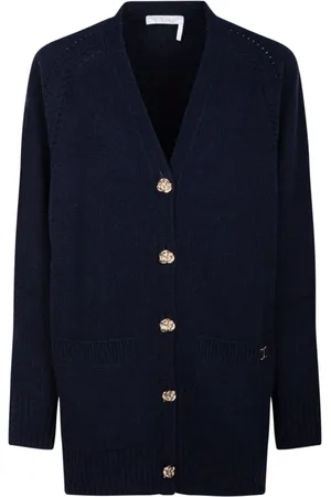 Chloé Strik, Dame, Blå, XS, Cashmere, Marineblå Cashmere Cardigan Sweater