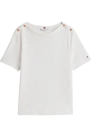 Tommy Hilfiger Top, Dame, Hvid, XS, Uld, Nautisk Stil Stribet Guld Knap T-Shirt