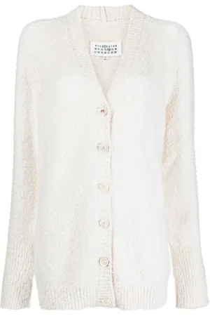 Maison Margiela Strik, Dame, , M, Uld, Hvid Strikket Cardigan med Logo Print