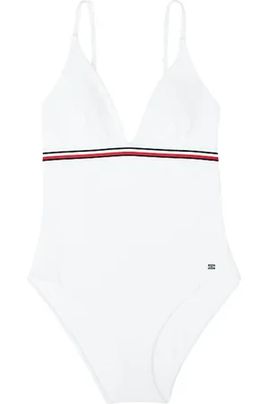 Tommy Hilfiger Badetøj, Dame, Hvid, XS, Nylon, Stribet dyb V-udskæring badedragt