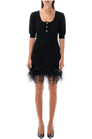 Alessandra Rich Kjole, Dame, Sort, S, Uld, Sort Mini Kjole med Fjer Trim