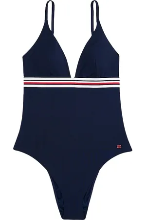 Tommy Hilfiger Badetøj, Dame, Blå, M, Nylon, Stribet dyb V-hals badedragt