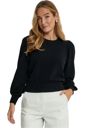 Minus Strik, Dame, Sort, S, Polyester, Sort Rund Hals Pullover med Pufærmer