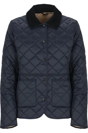Barbour Jakke, Dame, Blå, XL, Uld, Blå quiltet jakke med corduroy krave