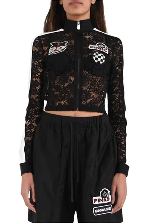 Pinko Jakke, Dame, Sort, L, Bomuld, Blomstret blonderjakke med broderede patches