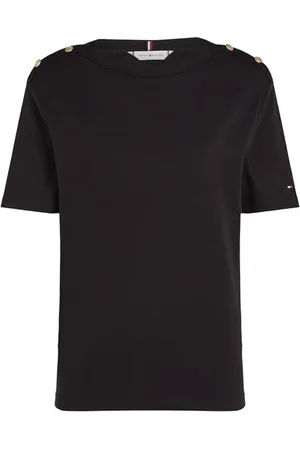 Tommy Hilfiger Top, Dame, Sort, XS, Uld, Stribet Guld Knap T-Shirt