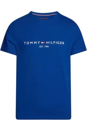 Tommy Hilfiger Top, Herre, Blå, S, Bomuld, Blå Logo Print Crew Neck T-Shirt