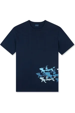 Paul & Shark Top, Herre, Blå, M, Bomuld, T-shirt med forvasket hajmønster