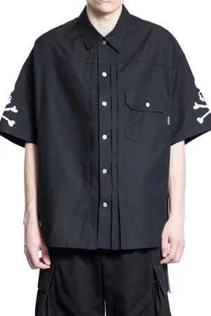 MASTERMIND Skjorte, Herre, Sort, XL, Bomuld, Sort Bomuldskanvas Skjorte med Asymmetriske Folder