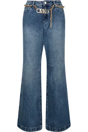 Michael Kors Jeans, Dame, Blå, M, Uld, Blå Flare Jeans med Guld Bælte
