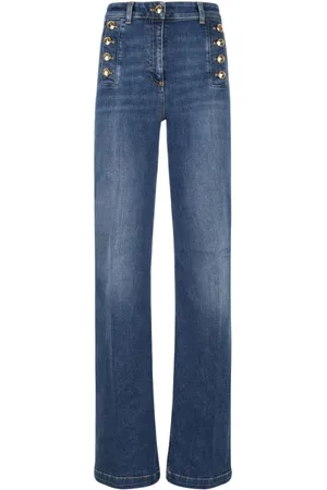 Elisabetta Franchi Jeans, Dame, Blå, W25, Denim, Flared Jeans med Sømandsknapstolpe