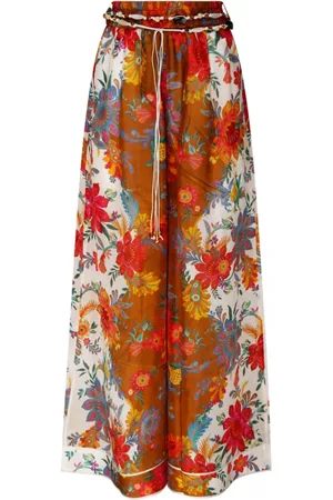 ZIMMERMANN Bukser, Dame, Flerfarvet, XS, Blomsterprint Silke Brede Ben Bukser