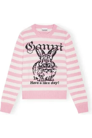 Ganni Strik, Dame, Lyserød, XS, Uld, Stribet Bunny Crewneck Sweater Primrose
