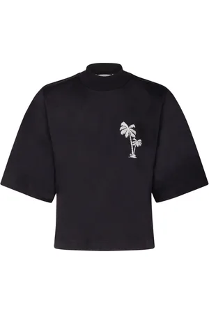Palm Angels Top, Dame, Sort, S, Bomuld, Sort Cropped T-shirt med Palm Tree Broderi