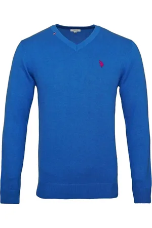 U.S. Polo Assn. Strik, Herre, Blå, XL, Bomuld, Blå V-hals Pullover Sweater