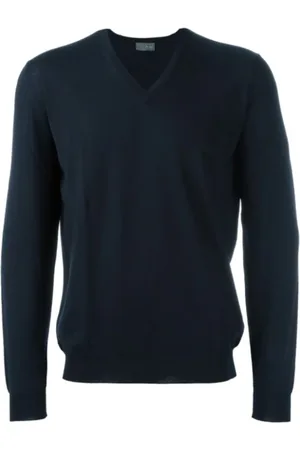 DRUMOHR Strik, Herre, Blå, L, Uld, Navy V-Neck Uld Pullover Sweater