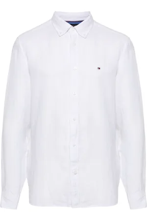 Tommy Hilfiger Skjorte, Herre, Hvid, XL, Linned, Hvid Hørskjorte Broderet Logo