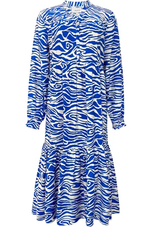 Liberté Kjole, Dame, Blå, L, Polyester, Zebra V-Neck Kjole med Lange Ærmer