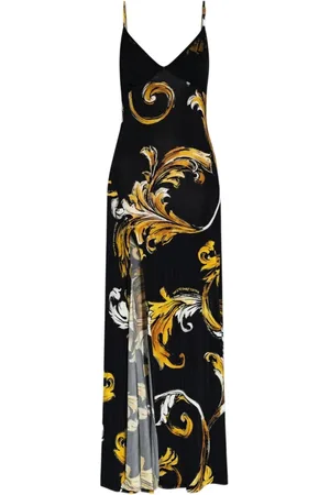 VERSACE Kjole, Dame, Sort, XS, Uld, Barocco Print Sort Kjole med Slids