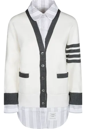 Thom Browne Strik, Dame, Hvid, 2XS, Bomuld, Lagdelt Cardigan med 4Bar Stribe