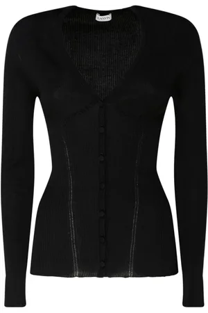 Lanvin Strik, Dame, Sort, L, Sort Silke Ribbet V-hals Cardigan